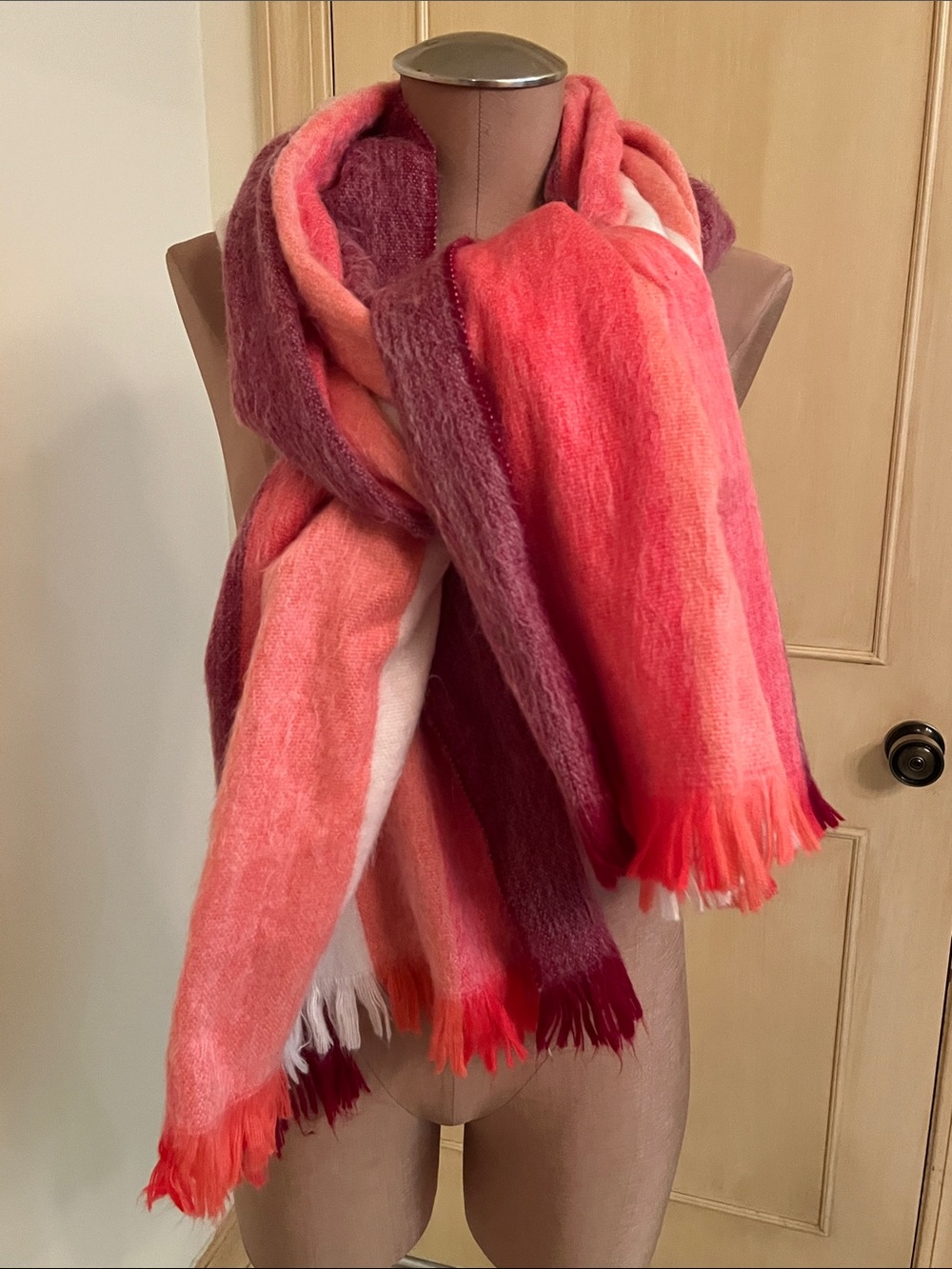 PLUSH Boho Extra Large Ombre Pink Wine Coral and Cream Fringe Scarf 24' X 72"